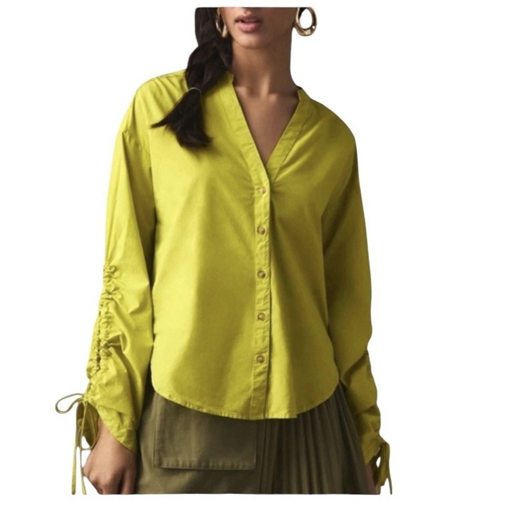 Pilcro Anthropologie Blouse Size L Drawstring Sleeve Poplin Chartreuse